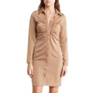 Beige Melloday Button Front Ruched Shirt Dress